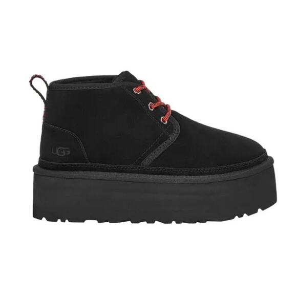 UGG Neumel Heritage Platform Suede Sherpa Tie Mini Ankle Bootie Boots Black Red - Picture 8 of 9